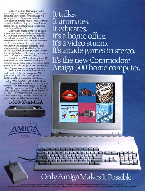 Advertisement for the Commodore Amiga 500 home computer with text highlighting its features.
