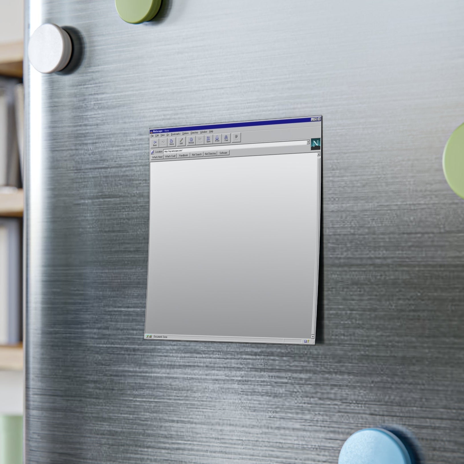 Close-up of a refrigerator door with magnets and a small screen attached