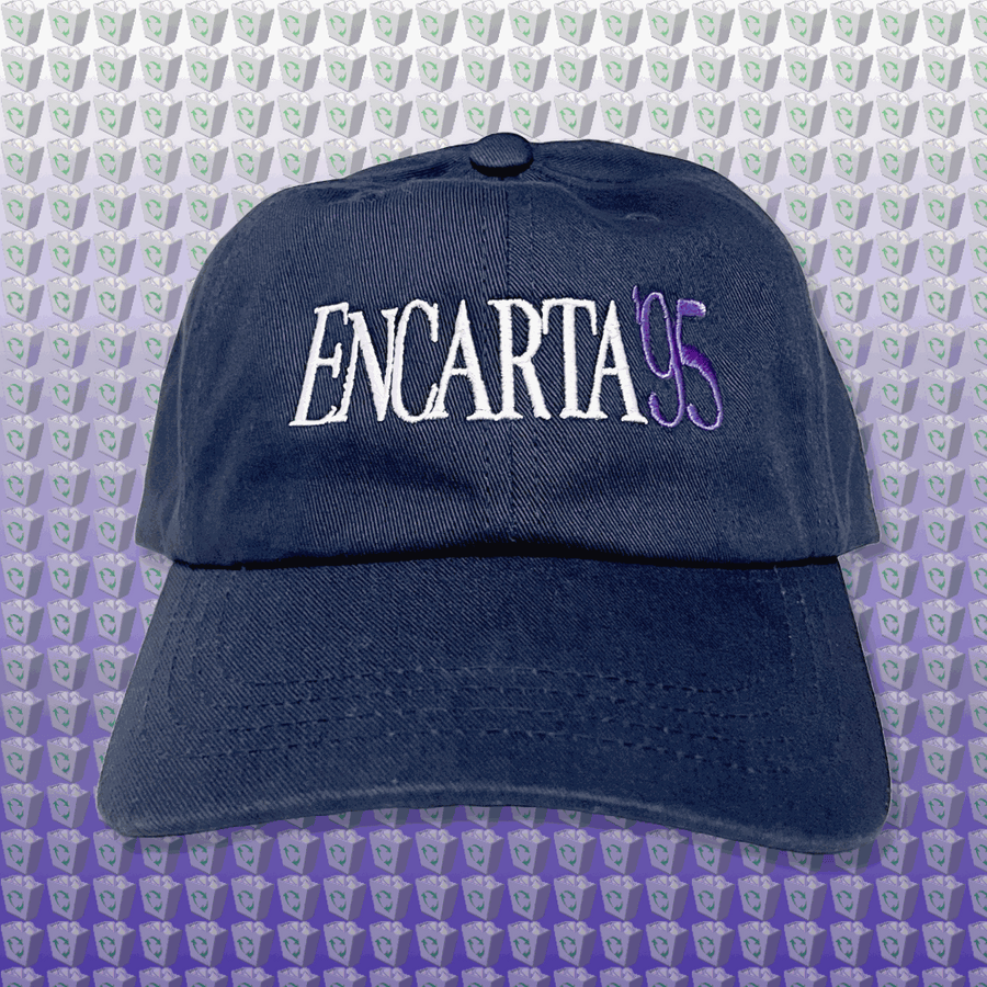 Encarta '95 dad hat in navy - front view with the embroidered wordmark