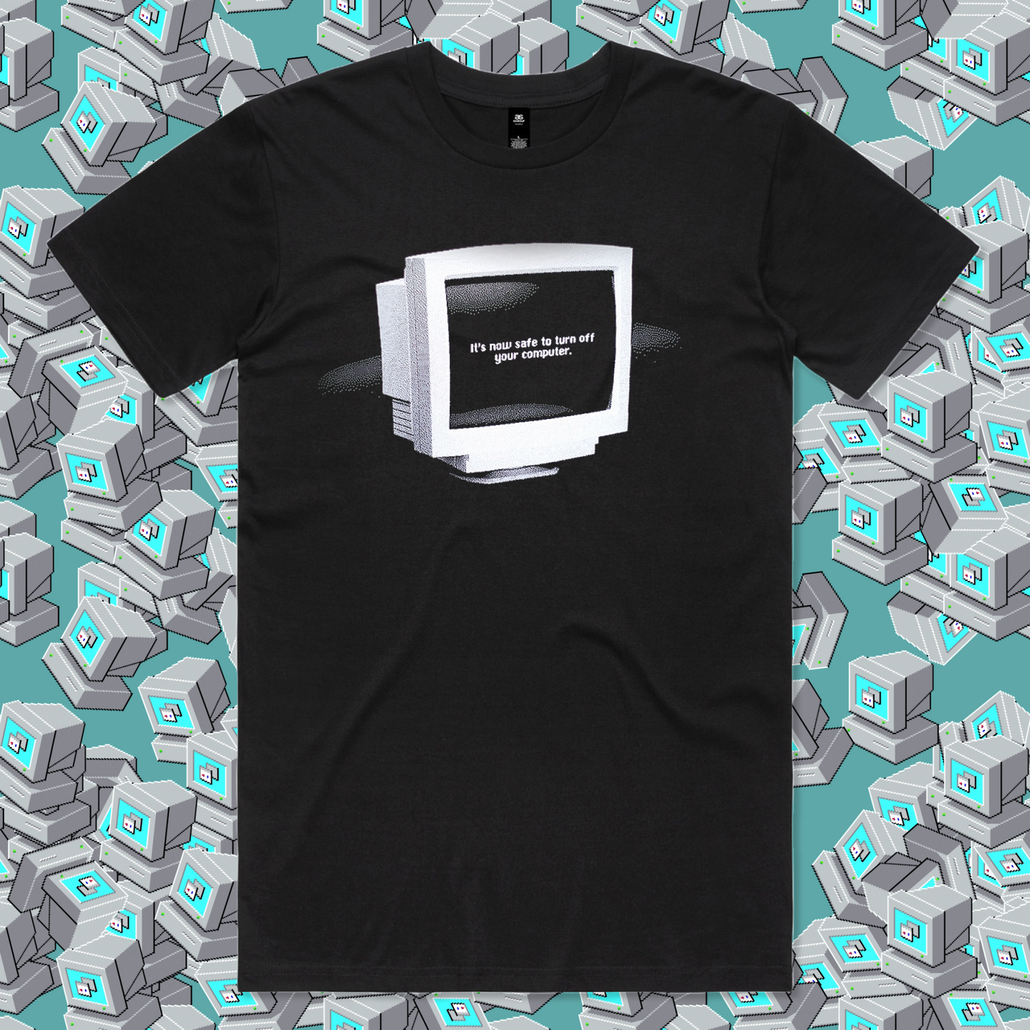 Black t-shirt with a graphic of a computer monitor and text on a background of retro computer graphics.