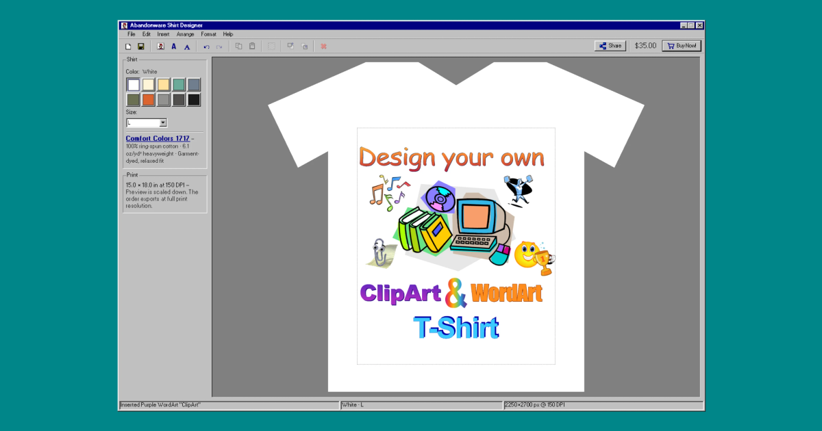 The Abandonware Shirt Designer, a Windows 95-style window with a shirt reading Design your own ClipArt & WordArt T-Shirt