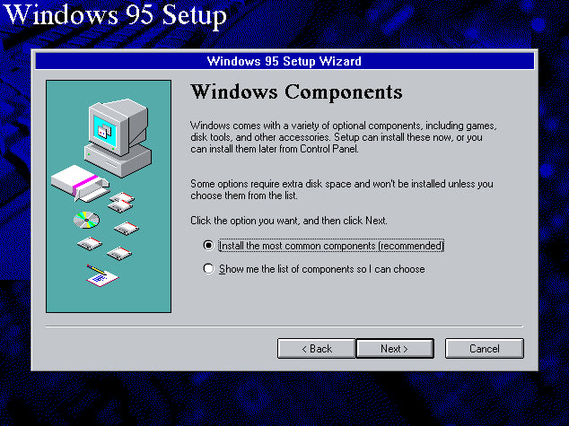 Original Windows 95 Setup Wizard screen at the Windows Components step, over the blue setup background