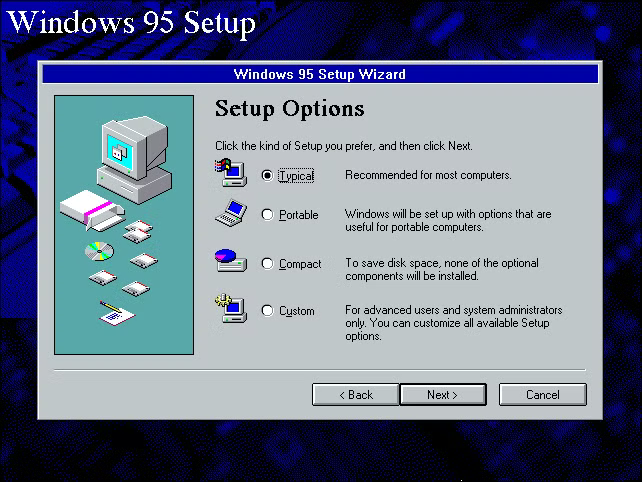Original Windows 95 Setup Wizard screen at the Setup Options step, over the blue setup background
