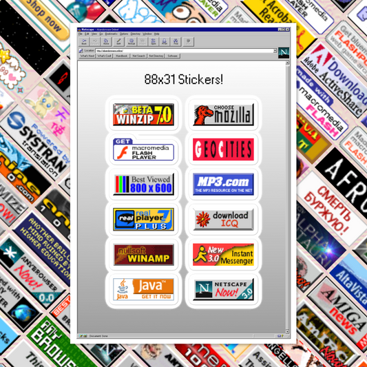 88x31 Web Button Sticker Sheet mockup: a Netscape-window sheet of twelve web buttons over a collage of 88x31 buttons