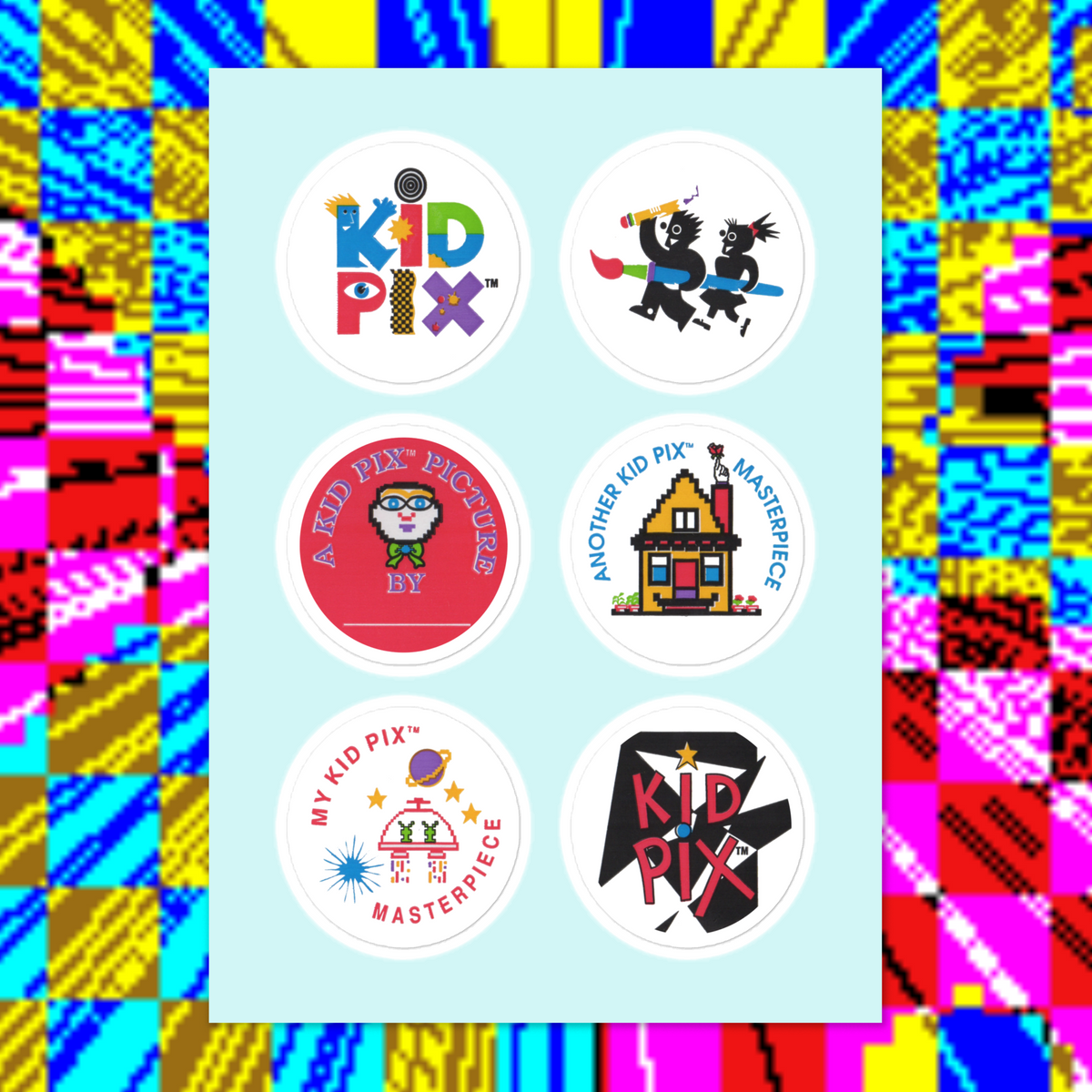 Kid Pix Sticker Sheet mockup: six round Kid Pix stickers on a light blue sheet over a colorful pixel pattern