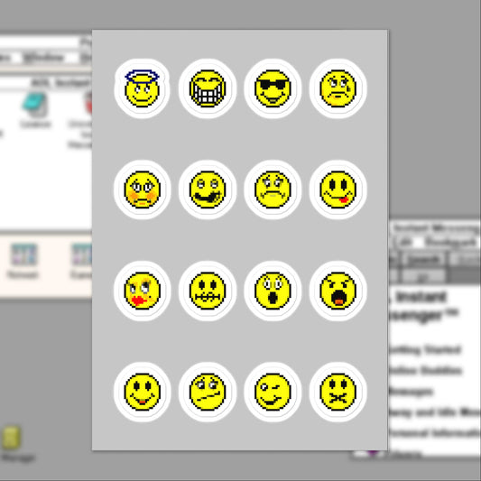 AIM Emoticon Sticker Sheet mockup: 16 pixel-art emoticon stickers on a gray sheet over a blurred AIM sign-on screen