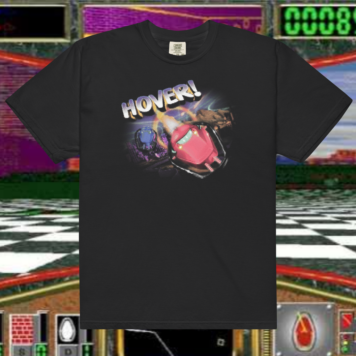 Hover! Unisex T-shirt in black with the chrome Hover! title art, over a Hover! gameplay screen
