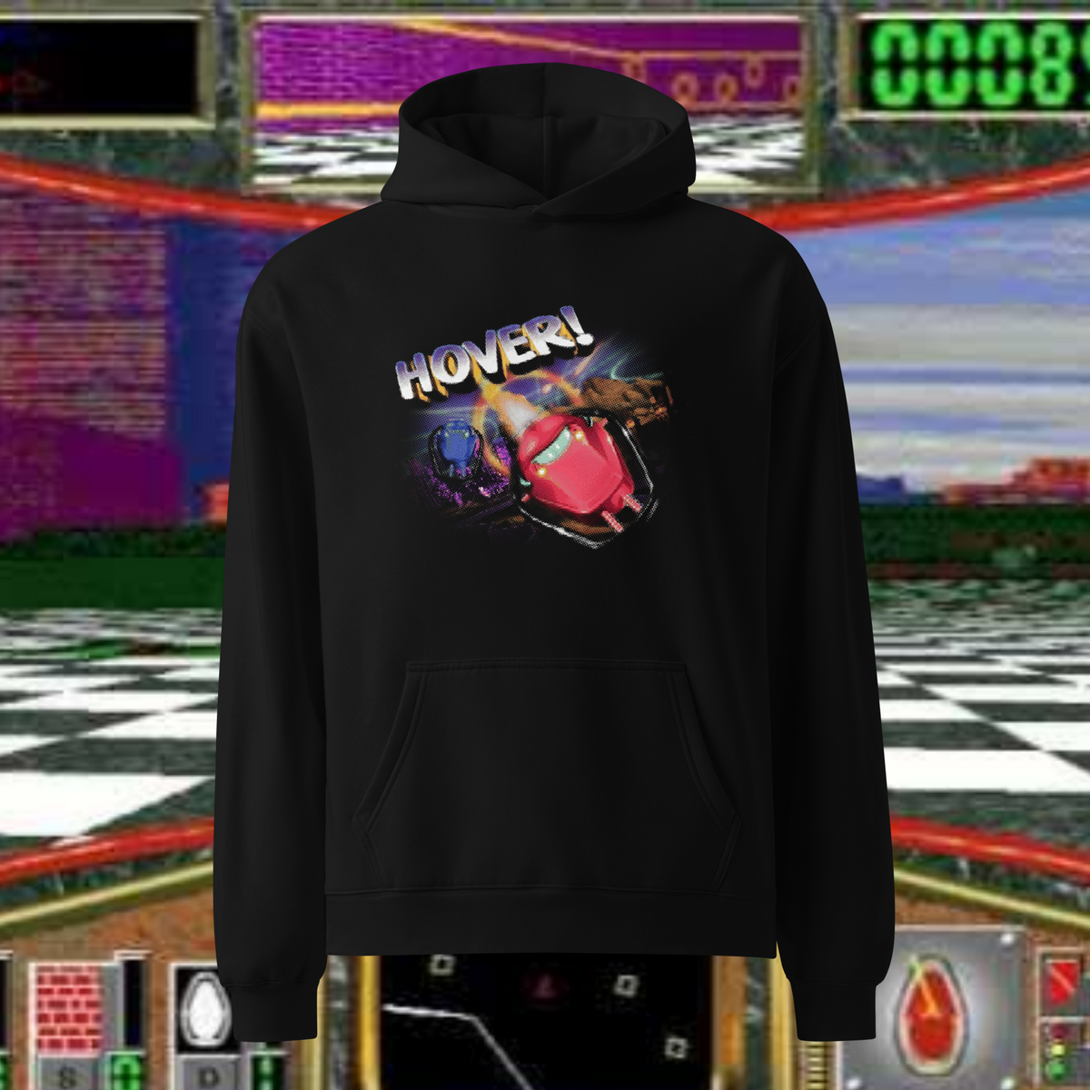 Hover! Unisex Hoodie in black with the chrome Hover! title art and hovercrafts on the chest, over a Hover! gameplay screen