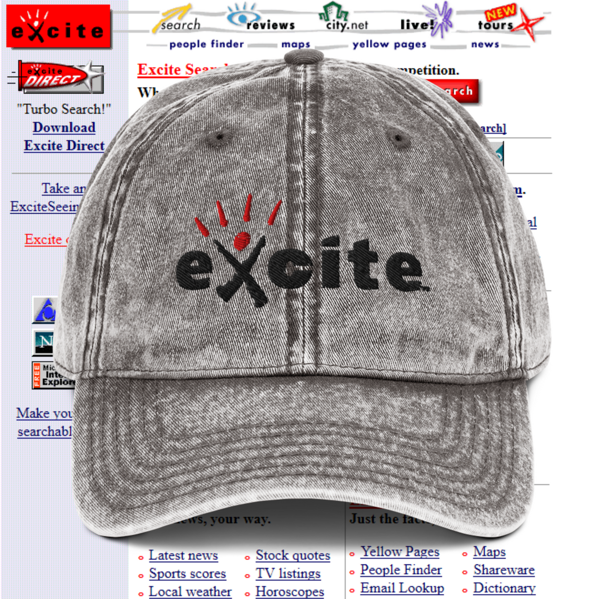 Excite Hat in washed charcoal with the embroidered Excite logo, over the 1996 Excite homepage